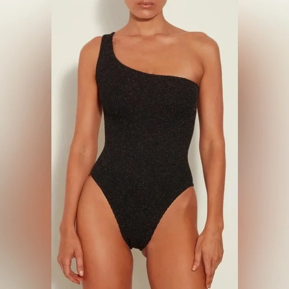 Hunza G Nancy Metallic One-Shoulder One-Piece Swimsuit Glittering Black OS NWT - Picture 8 of 15